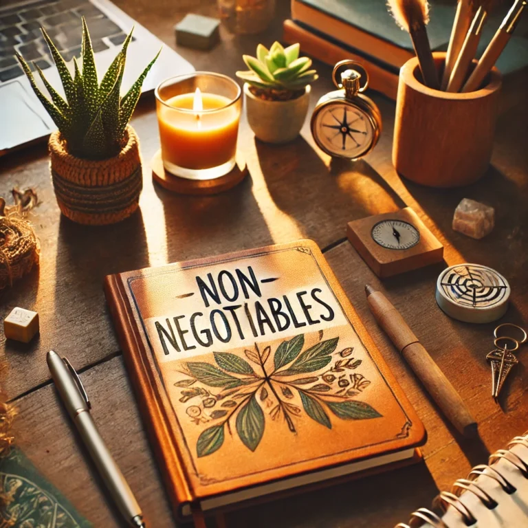 personal boundaries, A motivational desk setup featuring a journal titled "Non-Negotiables," surrounded by a lit candle, a small potted plant, and a pen, illuminated by warm sunlight.