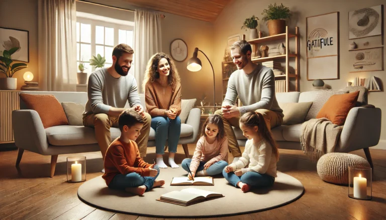 Parenting with presence, parents Modern family practicing mindfulness together through a gratitude activity in a cozy living room.