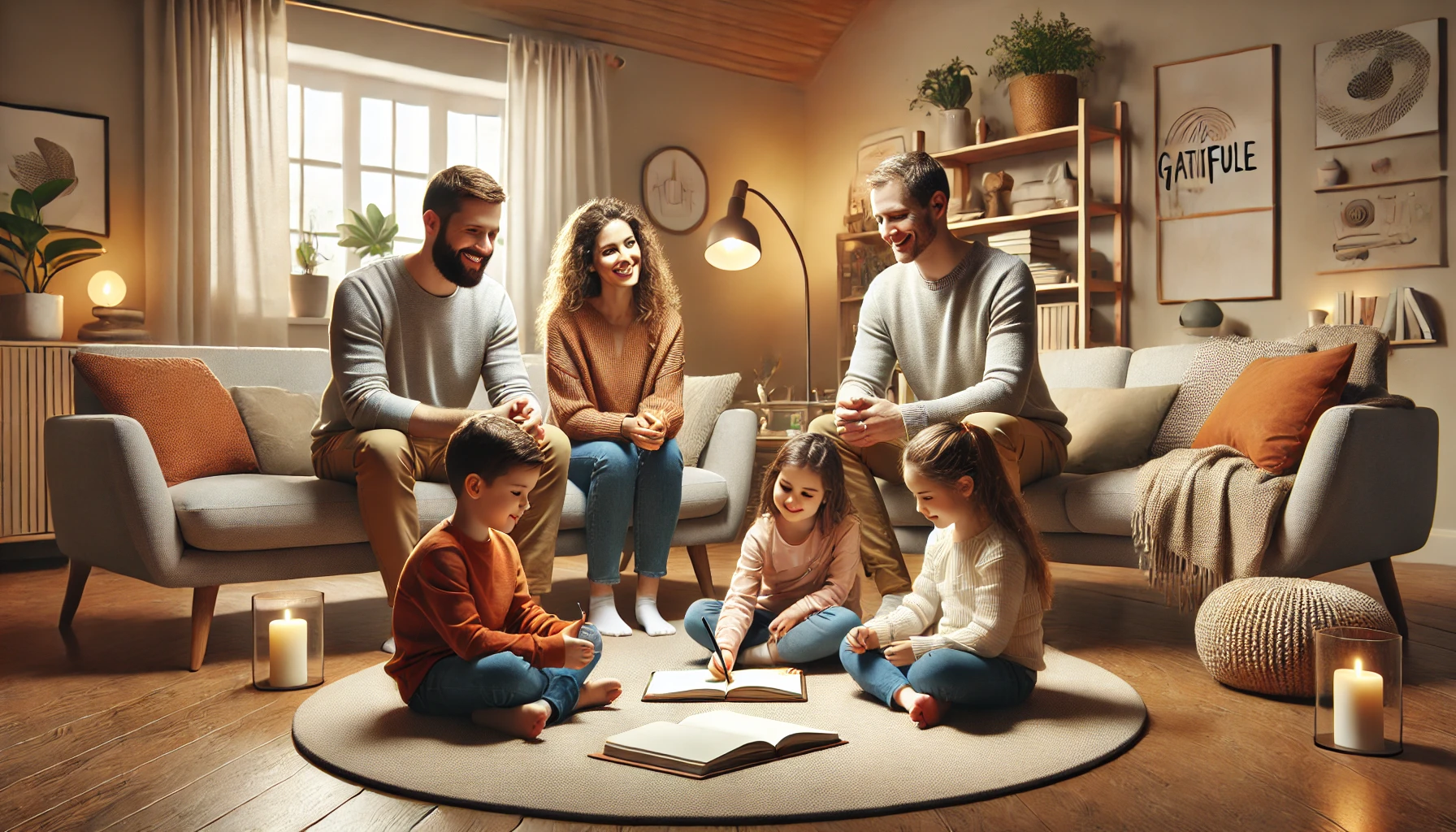 Parenting with presence, parents Modern family practicing mindfulness together through a gratitude activity in a cozy living room.