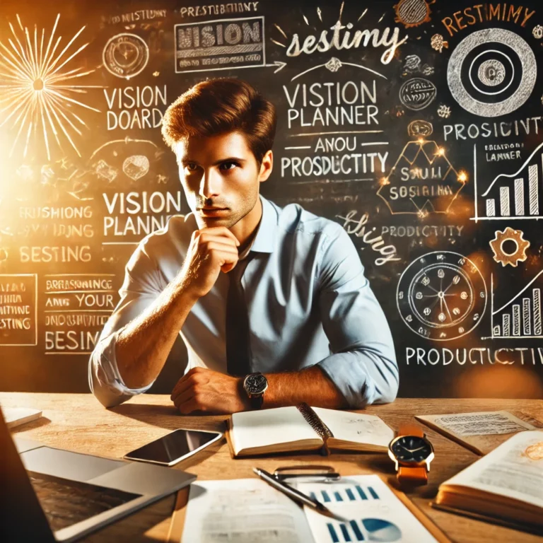 A determined person working at a desk with a vision board, productivity planner, and motivational quotes around them.