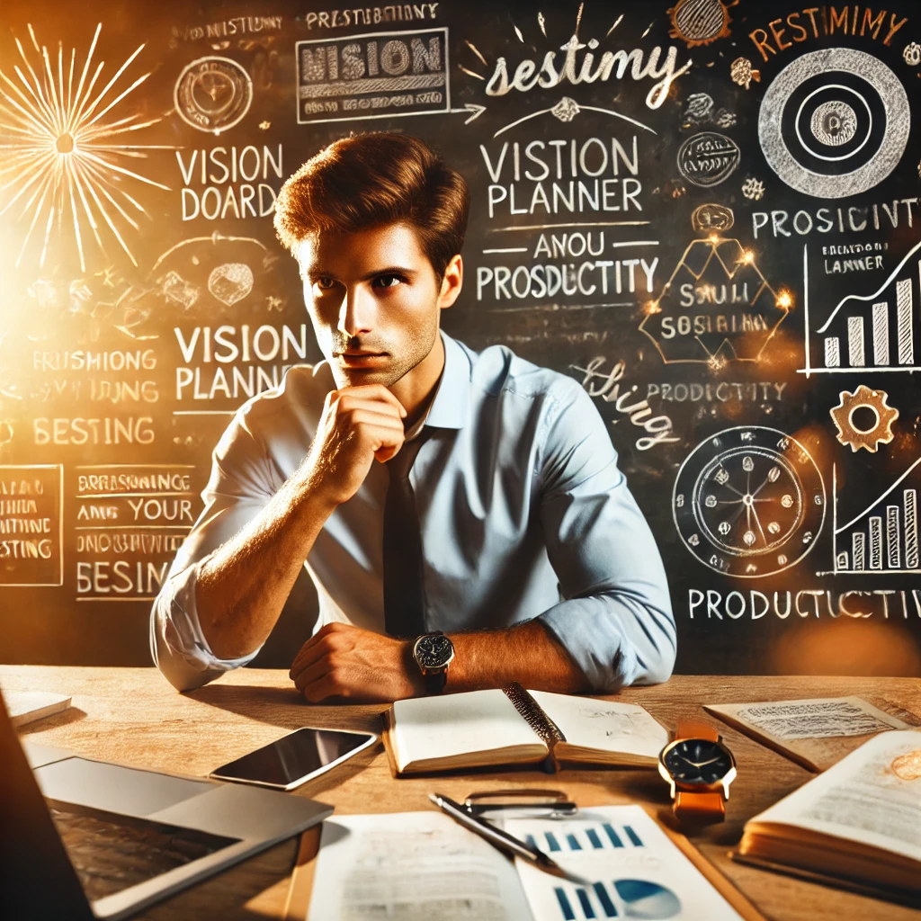 A determined person working at a desk with a vision board, productivity planner, and motivational quotes around them.