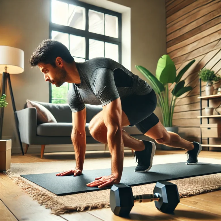 A fit man performing mountain climbers on a yoga mat in a well-lit home setting, with a cozy living room in the background.