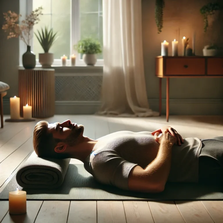 A man lying on a yoga mat practicing Body Scan meditation in a peaceful, softly lit room with candles and plants in the background.