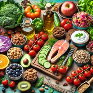 A rustic wooden table set with Mediterranean diet foods that support gut health, including fresh vegetables, olive oil, Greek yogurt, nuts, fermented foods, legumes, fatty fish, whole grains, and berries.