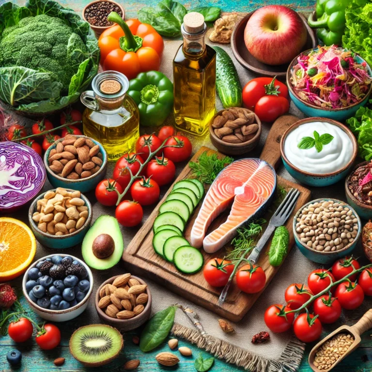 A rustic wooden table set with Mediterranean diet foods that support gut health, including fresh vegetables, olive oil, Greek yogurt, nuts, fermented foods, legumes, fatty fish, whole grains, and berries.