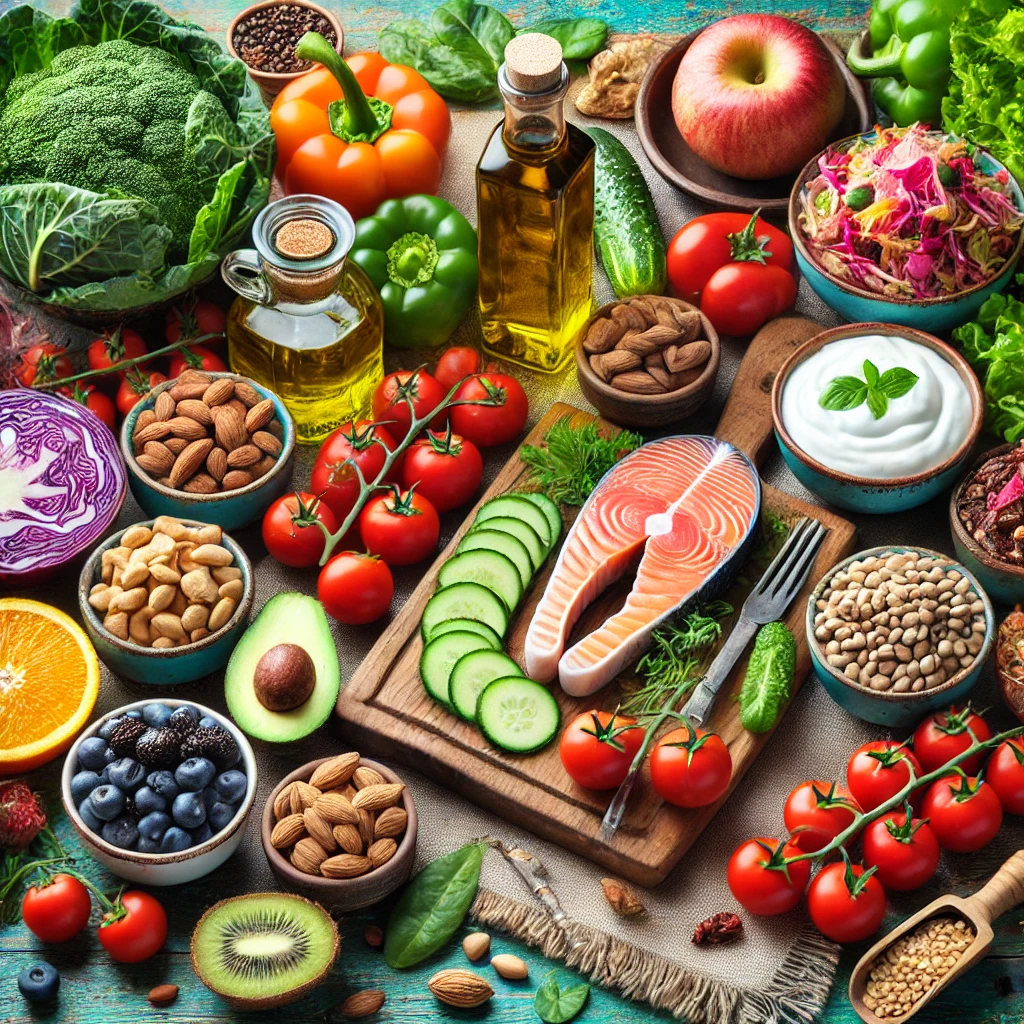 A rustic wooden table set with Mediterranean diet foods that support gut health, including fresh vegetables, olive oil, Greek yogurt, nuts, fermented foods, legumes, fatty fish, whole grains, and berries.