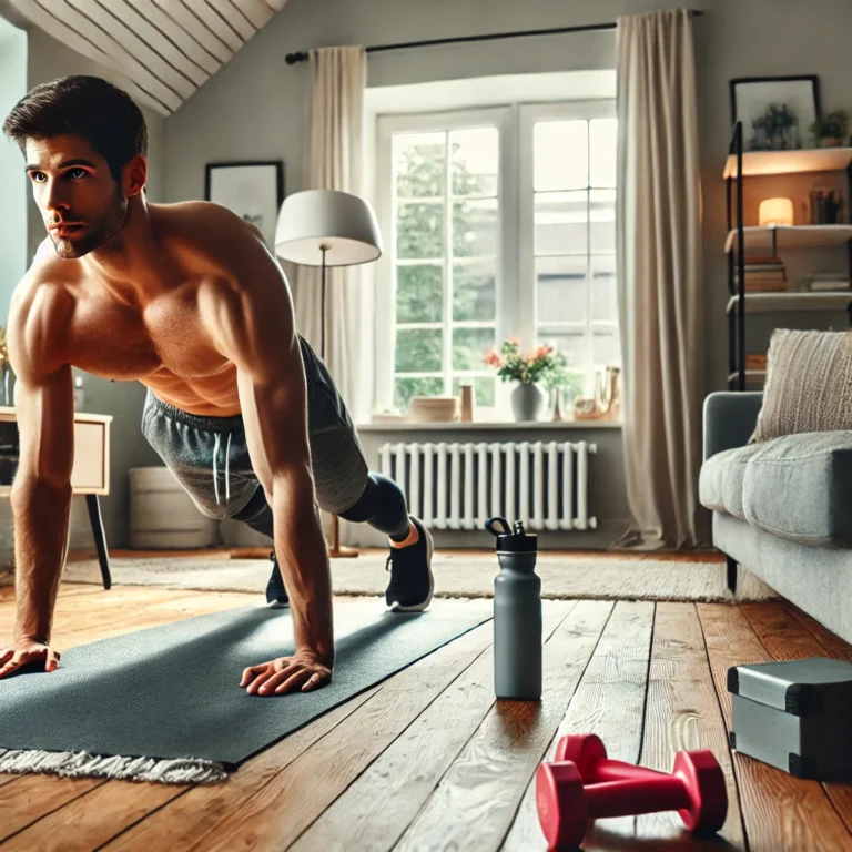 A fit man performing a home workout in a bright, modern living room, doing bodyweight exercises on a yoga mat with minimal fitness equipment nearby.