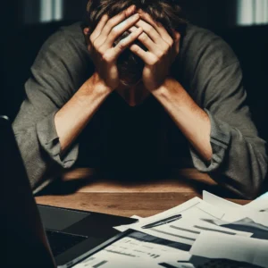 A stressed person sitting at a desk with their head in their hands, surrounded by scattered papers and an open laptop, looking overwhelmed.