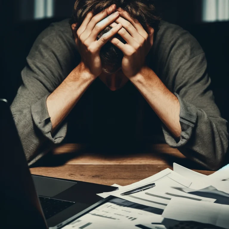 A stressed person sitting at a desk with their head in their hands, surrounded by scattered papers and an open laptop, looking overwhelmed.