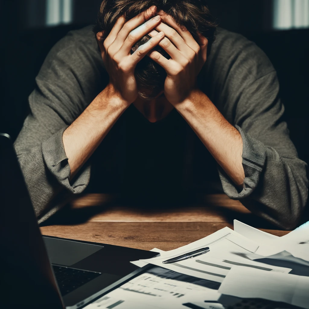 A stressed person sitting at a desk with their head in their hands, surrounded by scattered papers and an open laptop, looking overwhelmed.