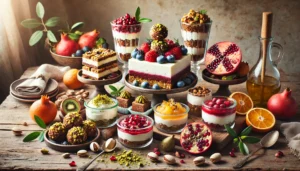 A variety of Mediterranean diet desserts, including pistachio and date energy bites, ricotta and berry parfait, olive oil and citrus cake, and pomegranate and yogurt sorbet, elegantly arranged on a rustic wooden table with fresh ingredients scattered around.