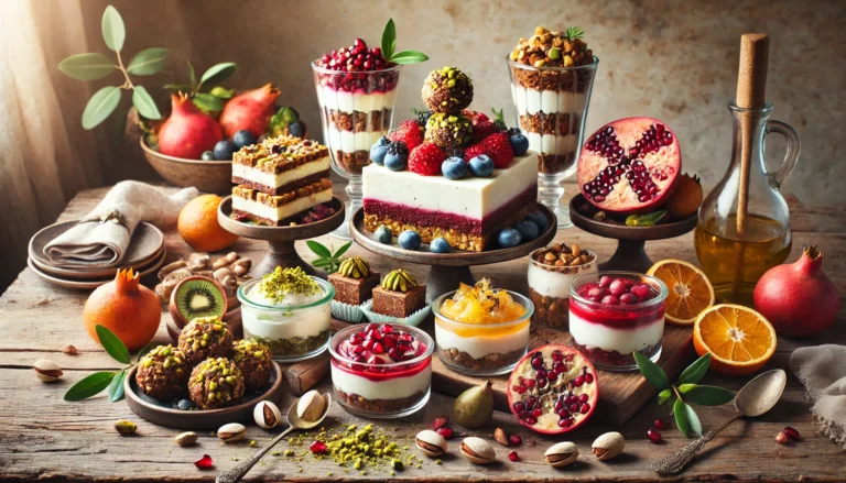 A variety of Mediterranean diet desserts, including pistachio and date energy bites, ricotta and berry parfait, olive oil and citrus cake, and pomegranate and yogurt sorbet, elegantly arranged on a rustic wooden table with fresh ingredients scattered around.