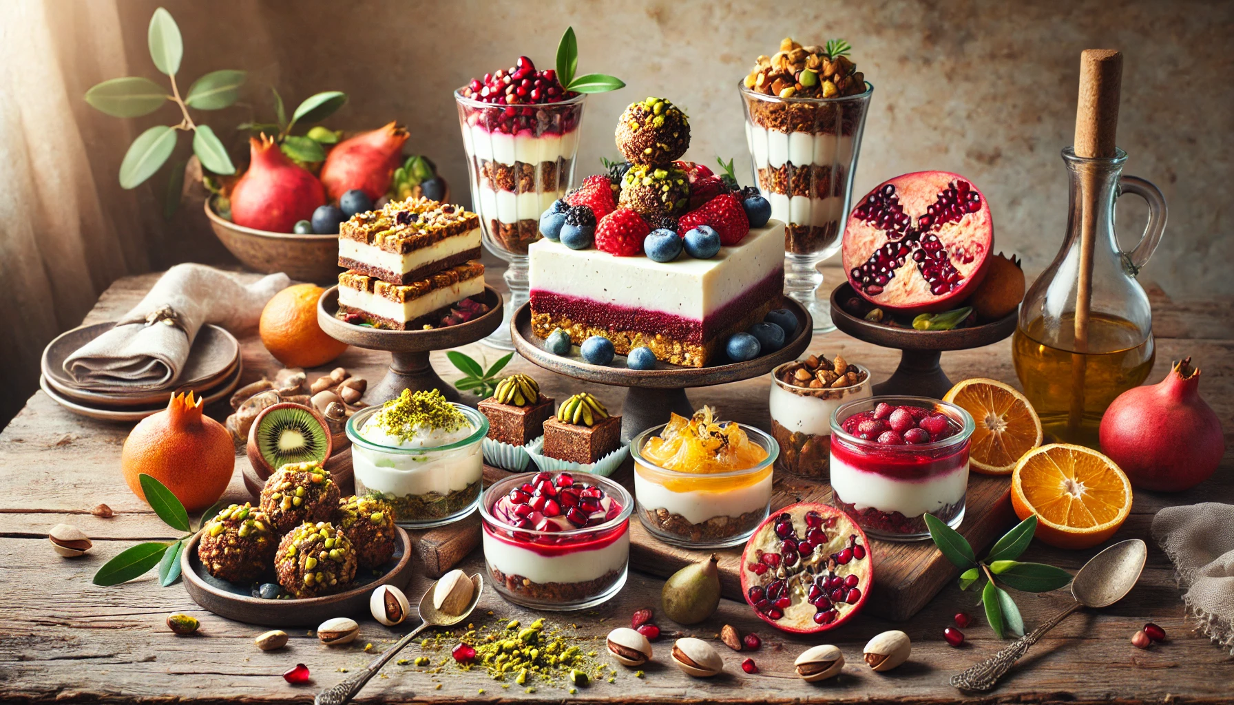 A variety of Mediterranean diet desserts, including pistachio and date energy bites, ricotta and berry parfait, olive oil and citrus cake, and pomegranate and yogurt sorbet, elegantly arranged on a rustic wooden table with fresh ingredients scattered around.