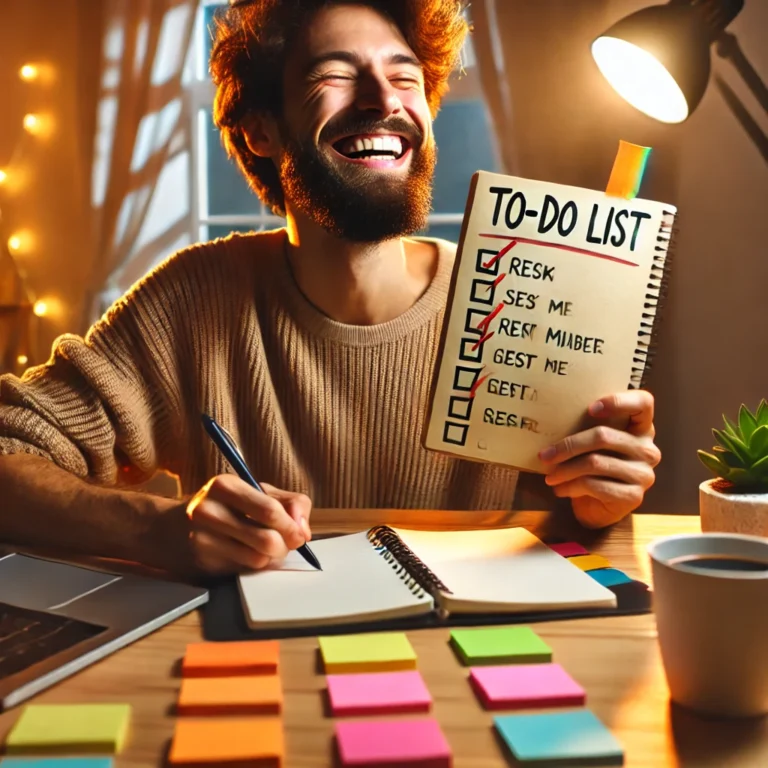 A self-motivated person happily checking off a to-do list, celebrating progress as a self-reward.