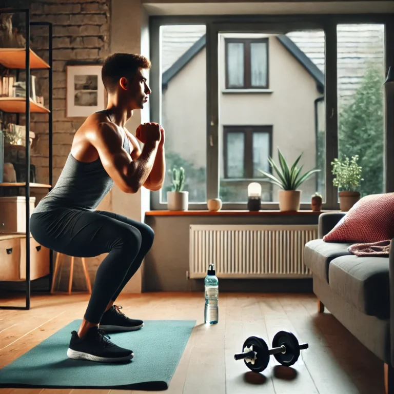Person performing a squat in a home workout setting with fitness equipment around.