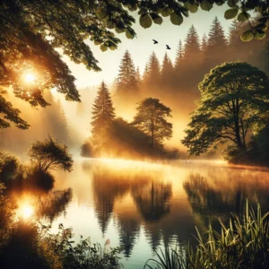 A tranquil lake at sunrise, surrounded by lush green trees with soft mist rising from the water, creating a peaceful and calming atmosphere.