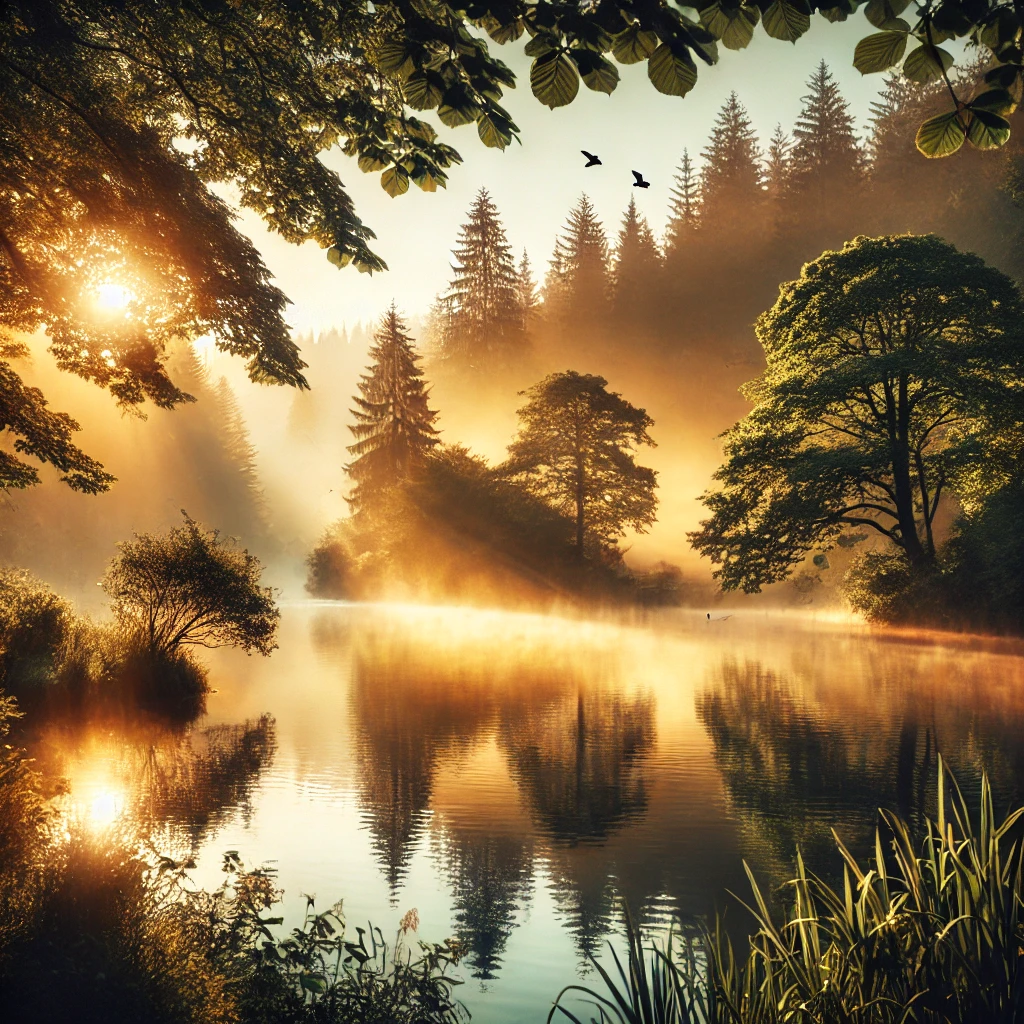 Body Scan Tips: A tranquil lake at sunrise, surrounded by lush green trees with soft mist rising from the water, creating a peaceful and calming atmosphere.