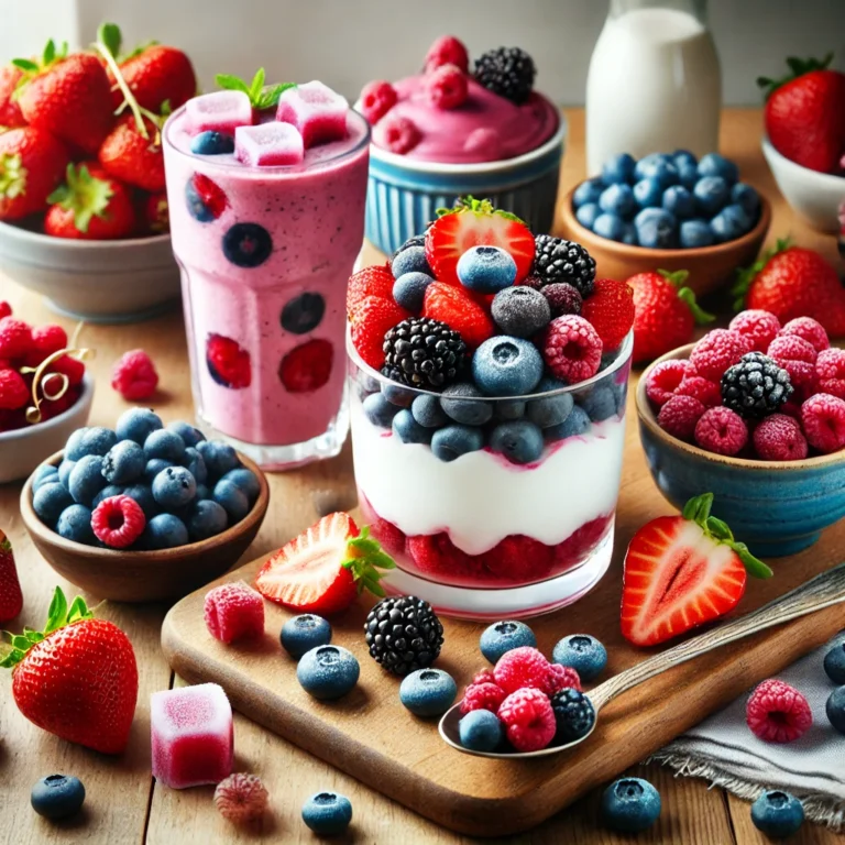 Mediterranean diet for inflammation, A colorful assortment of fresh strawberries, blueberries, raspberries, and blackberries arranged in bowls on a wooden kitchen counter, alongside a berry smoothie, a yogurt bowl topped with berries, and a glass of water with frozen berry ice cubes.