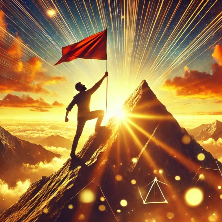 self-motivation tips, A determined person climbing a mountain at sunrise, reaching for a flag at the peak, symbolizing self-motivation and achievement.