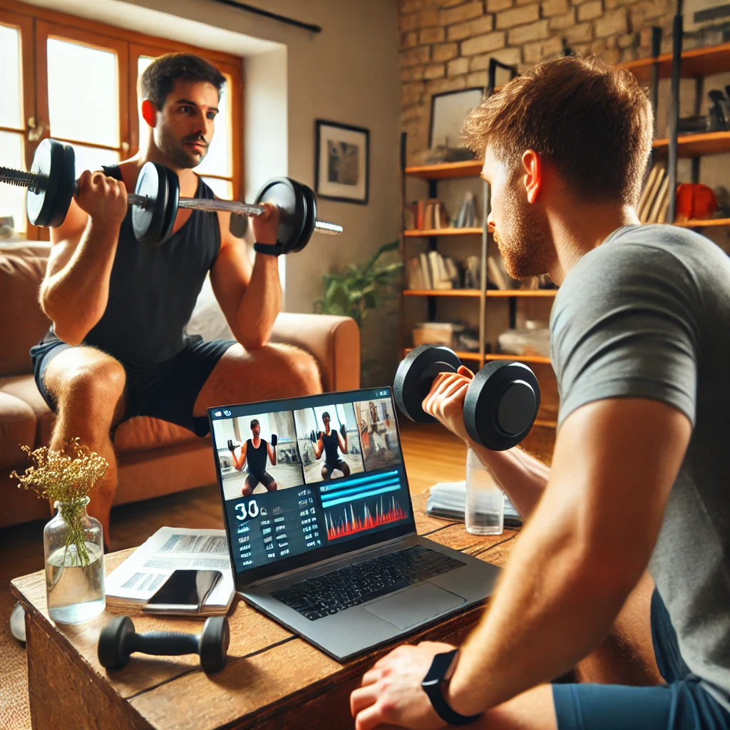Home Workouts Motivation Two male friends doing a home workout together over a video call, using a fitness app to track progress. One is lifting dumbbells while the other performs bodyweight exercises in a home gym or living room setting.