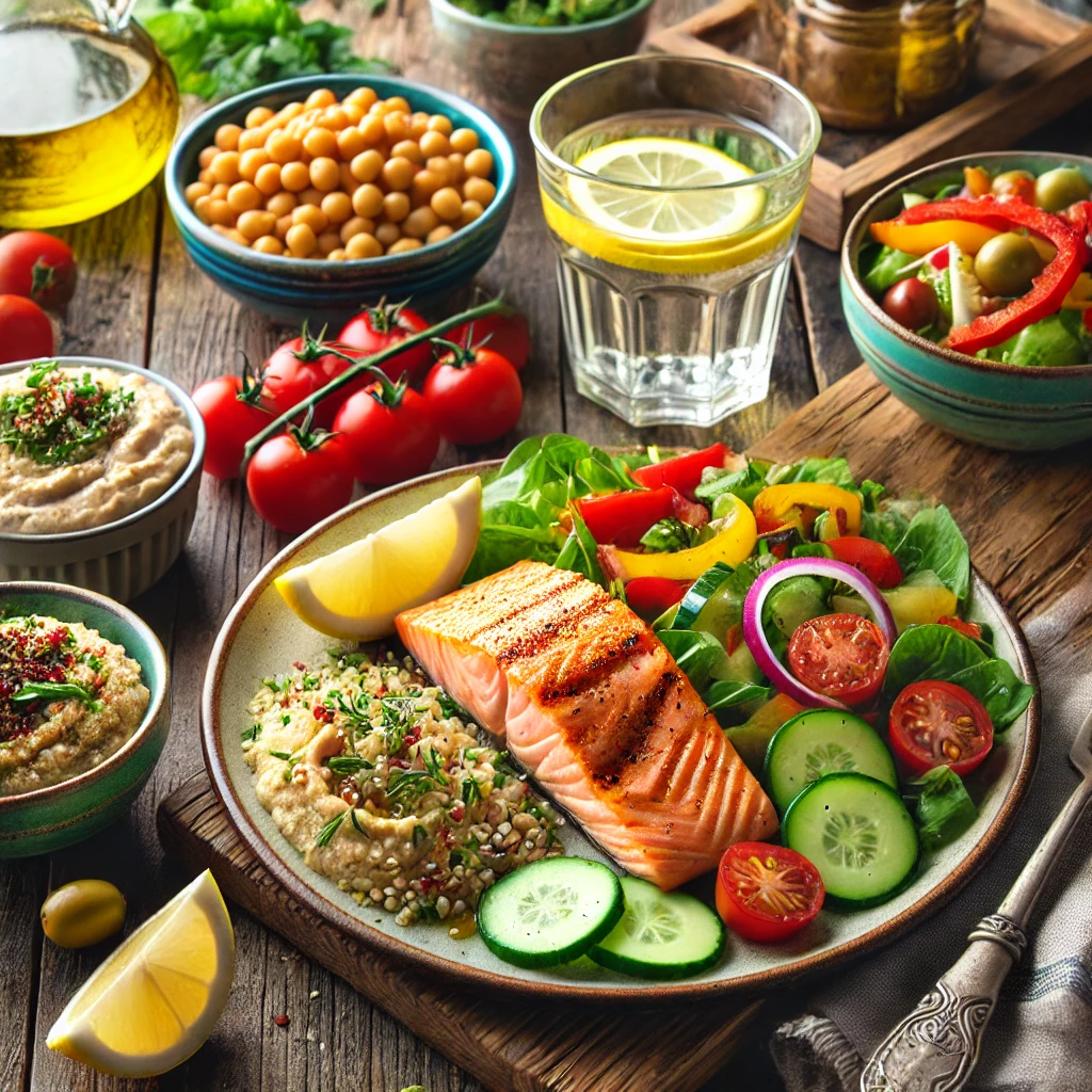 A Mediterranean-style meal featuring grilled salmon, quinoa, a colorful chickpea salad, hummus with fresh vegetables, and infused lemon water, emphasizing healthy eating and weight loss.