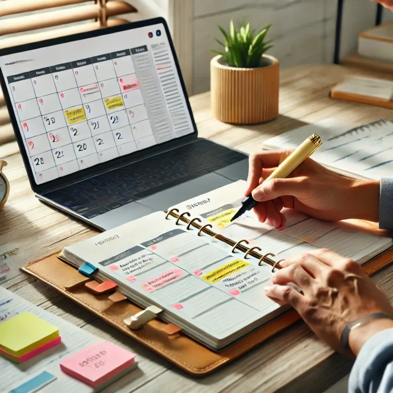 Self-motivation tips, A person organizing tasks at a desk with a planner, digital task management app on a laptop, and a marked calendar, highlighting priorities for better productivity.