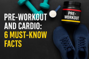 pre-workout and cardio: Person at the gym drinking a pre-workout shake, with overlay graphics showing cardio options like HIIT and LISS.