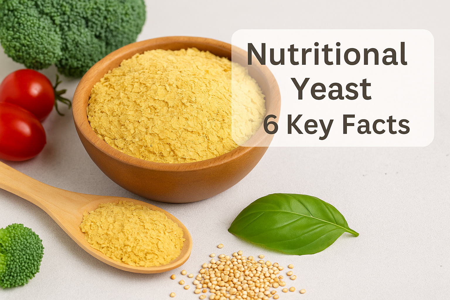 What Is Nutritional Yeast? A bowl and wooden spoon filled with golden nutritional yeast flakes surrounded by fresh vegetables, illustrating what nutritional yeast is.