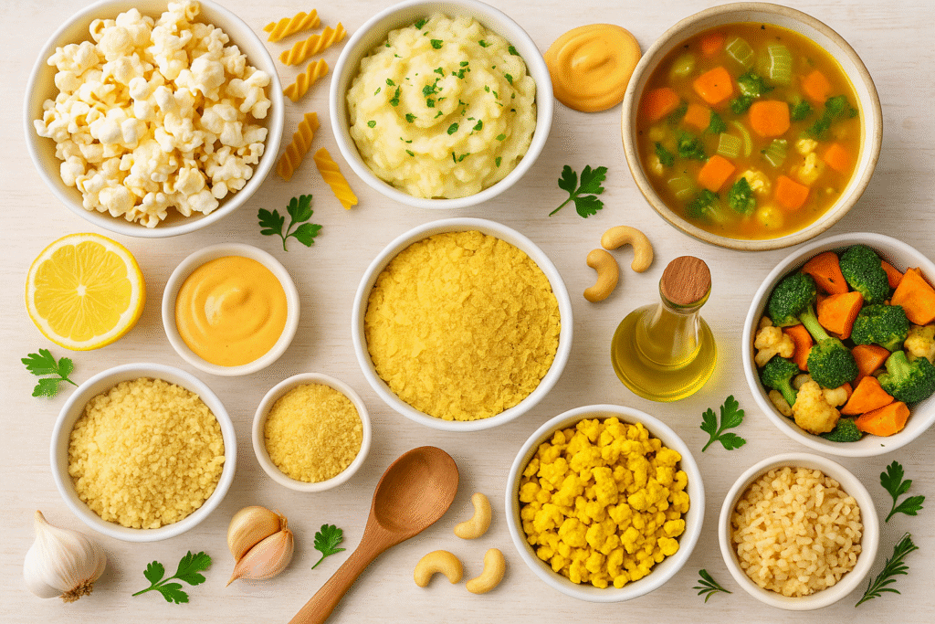 how to use nutritional yeast: Flat lay of nutritional yeast surrounded by plant-based dishes like popcorn, mashed potatoes, soup, salad, and more on a light wooden surface.