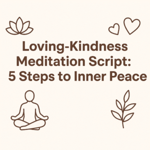 Minimalist graphic with icons of a lotus flower, hearts, a meditating figure, and a plant, featuring the title “Loving-Kindness Meditation Script: 5 Steps to Inner Peace” in bold brown text on a light background.