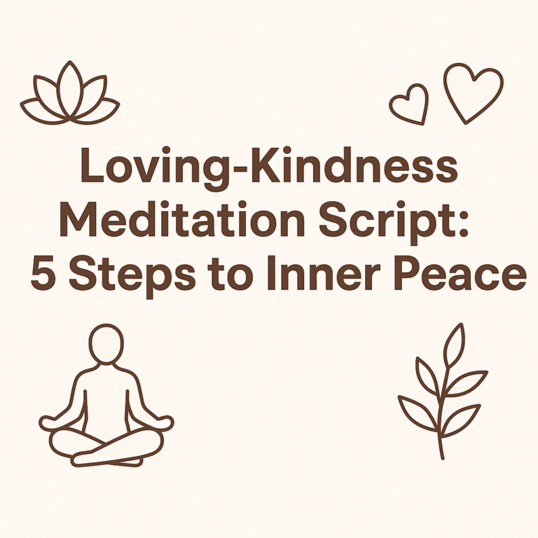 Minimalist graphic with icons of a lotus flower, hearts, a meditating figure, and a plant, featuring the title “Loving-Kindness Meditation Script: 5 Steps to Inner Peace” in bold brown text on a light background.