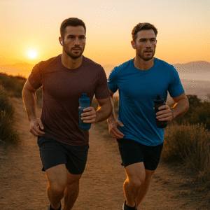 Best Pre-Workout for Endurance: Two focused endurance athletes running on a sunrise trail, holding water bottles and wearing wireless earbuds for hydration and performance.