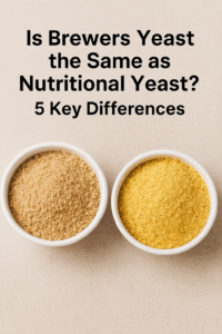 Two white ceramic bowls side by side, one containing light brown brewer’s yeast and the other bright yellow nutritional yeast, placed on a neutral beige background with the title text “Is Brewers Yeast the Same as Nutritional Yeast? 5 Key Differences” above them.