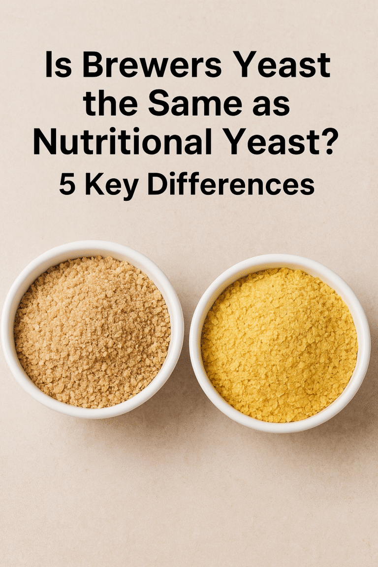 Two white ceramic bowls side by side, one containing light brown brewer’s yeast and the other bright yellow nutritional yeast, placed on a neutral beige background with the title text “Is Brewers Yeast the Same as Nutritional Yeast? 5 Key Differences” above them.